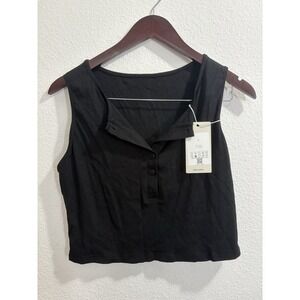 New! Halara Ribbed Henley Neck Cropped Casual Tank Top Black 1/2 Button Up Large